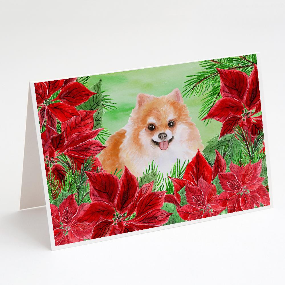 Pomeranian #2 Poinsettas Greeting Cards Pack of 8 Blank Cards with Envelopes Whimsical A7 Size 5x7