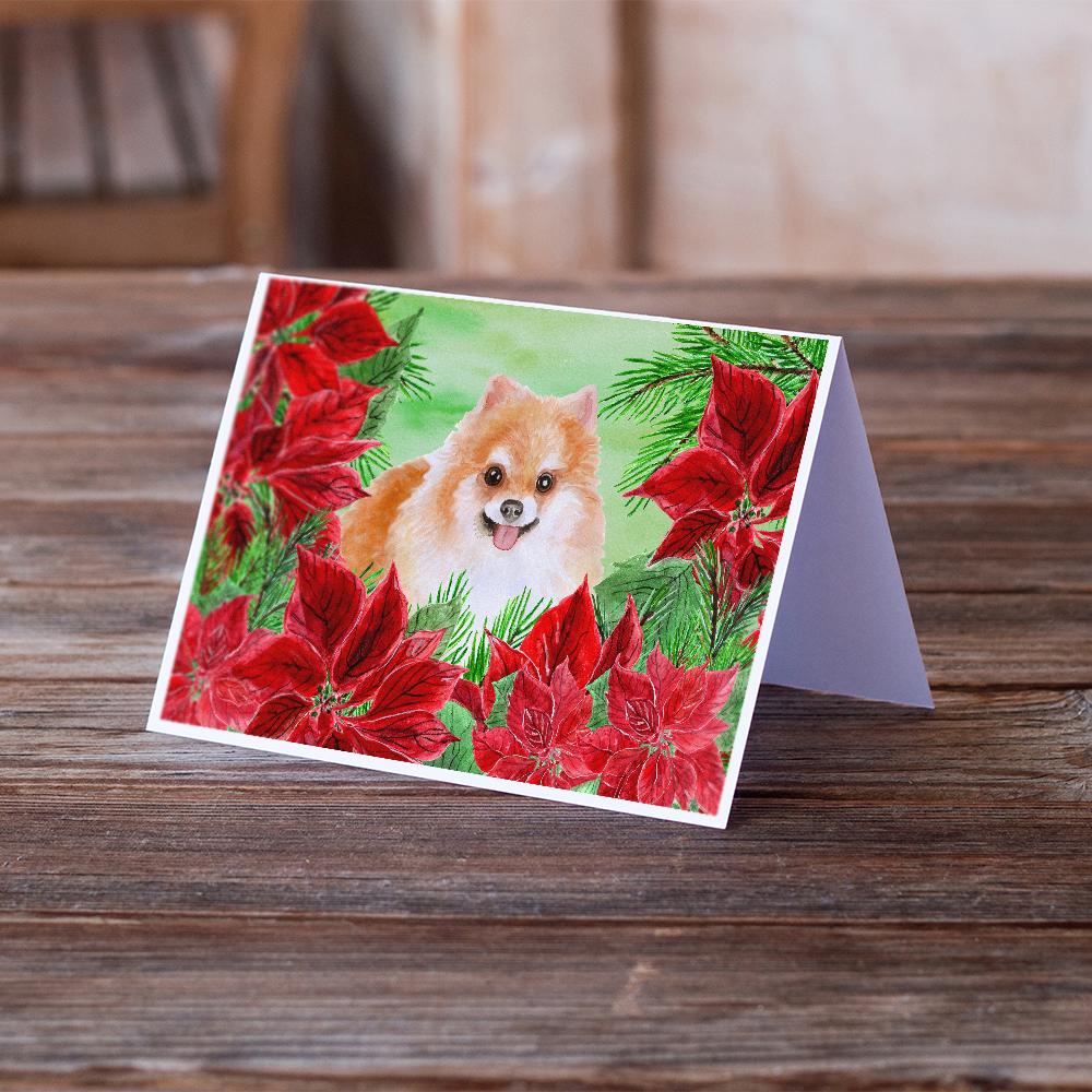 Pomeranian #2 Poinsettas Greeting Cards Pack of 8 Blank Cards with Envelopes Whimsical A7 Size 5x7