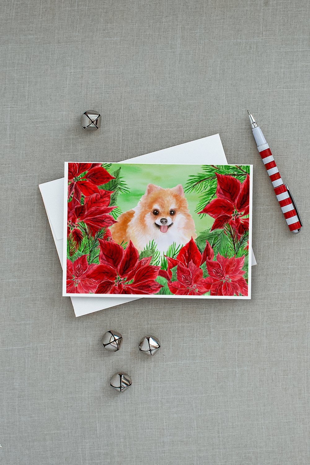 Pomeranian #2 Poinsettas Greeting Cards Pack of 8 Blank Cards with Envelopes Whimsical A7 Size 5x7