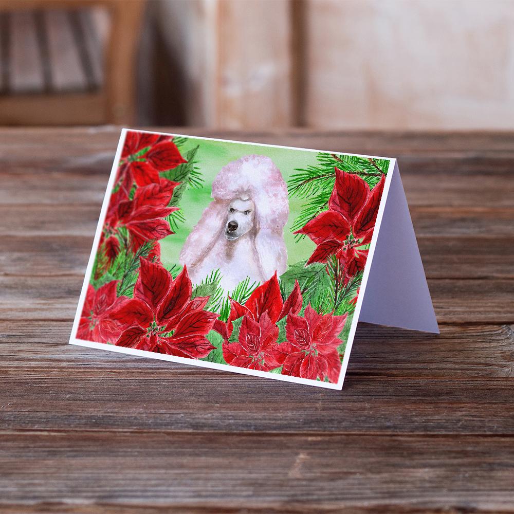 White Standard Poodle Poinsettas Greeting Cards Pack of 8 Blank Cards with Envelopes Whimsical A7 Size 5x7