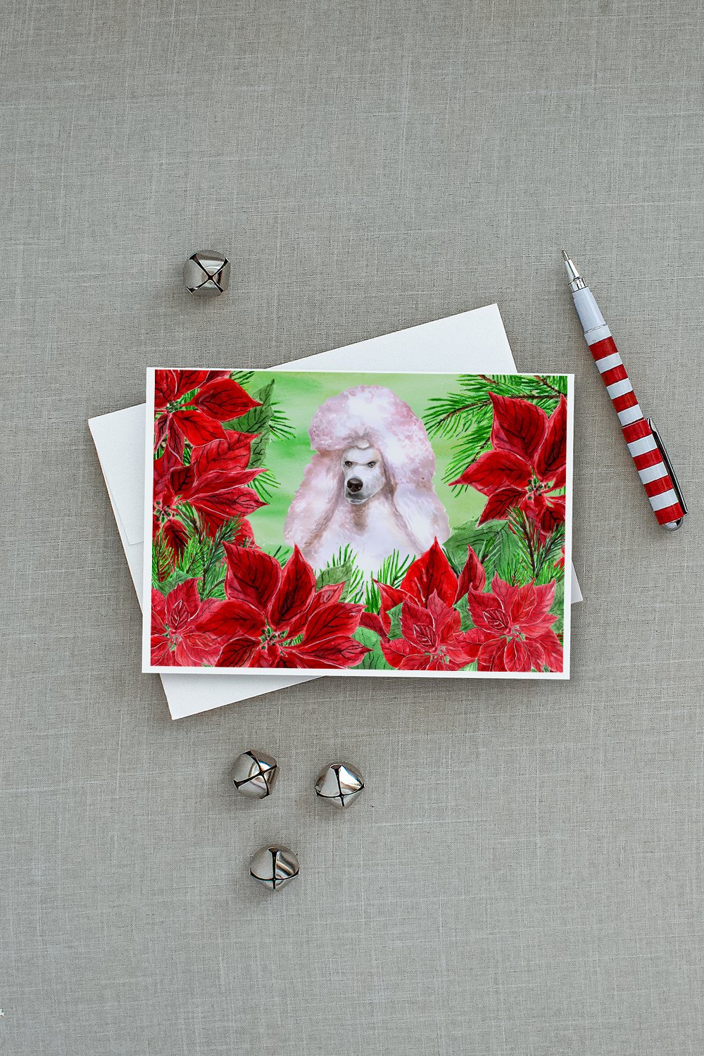 White Standard Poodle Poinsettas Greeting Cards Pack of 8 Blank Cards with Envelopes Whimsical A7 Size 5x7