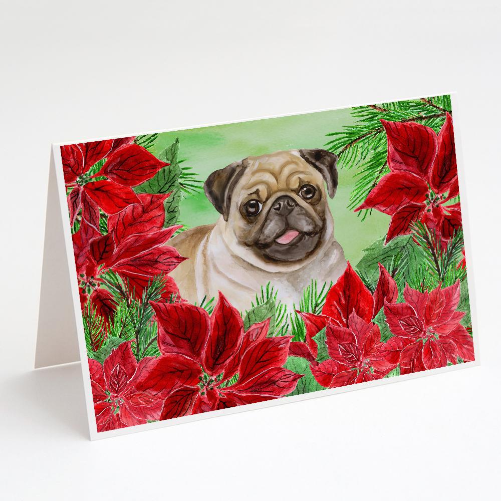 Fawn Pug Poinsettas Greeting Cards Pack of 8 Blank Cards with Envelopes Whimsical A7 Size 5x7