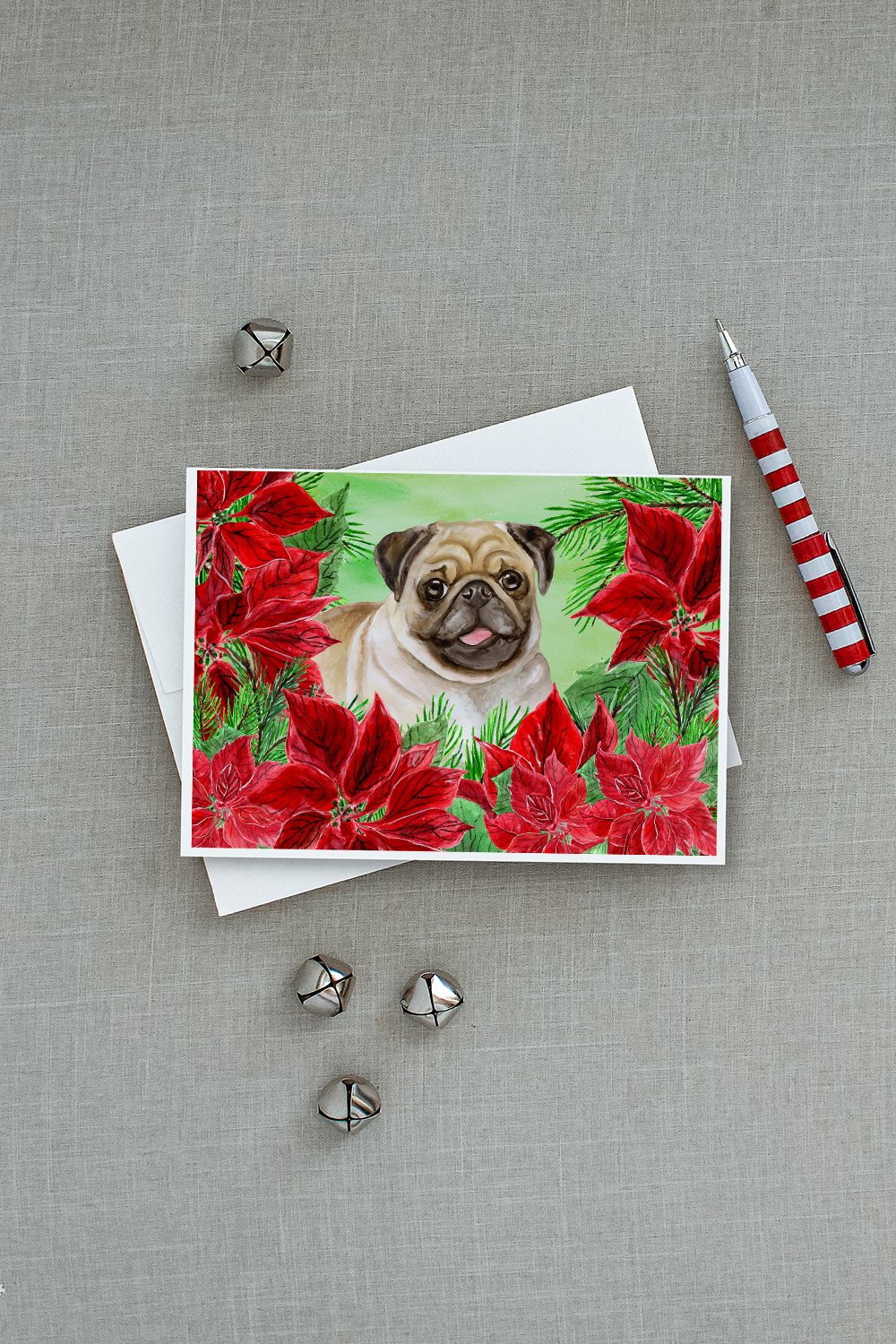 Fawn Pug Poinsettas Greeting Cards Pack of 8 Blank Cards with Envelopes Whimsical A7 Size 5x7