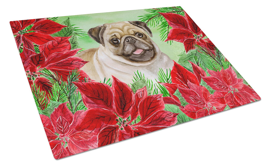 Fawn Pug Poinsettas Cutting Board Tempered Glass Kitchen Cutting Surface, Heat Resistant Chopping, Non-Slip Feet, Food Prep & Serving