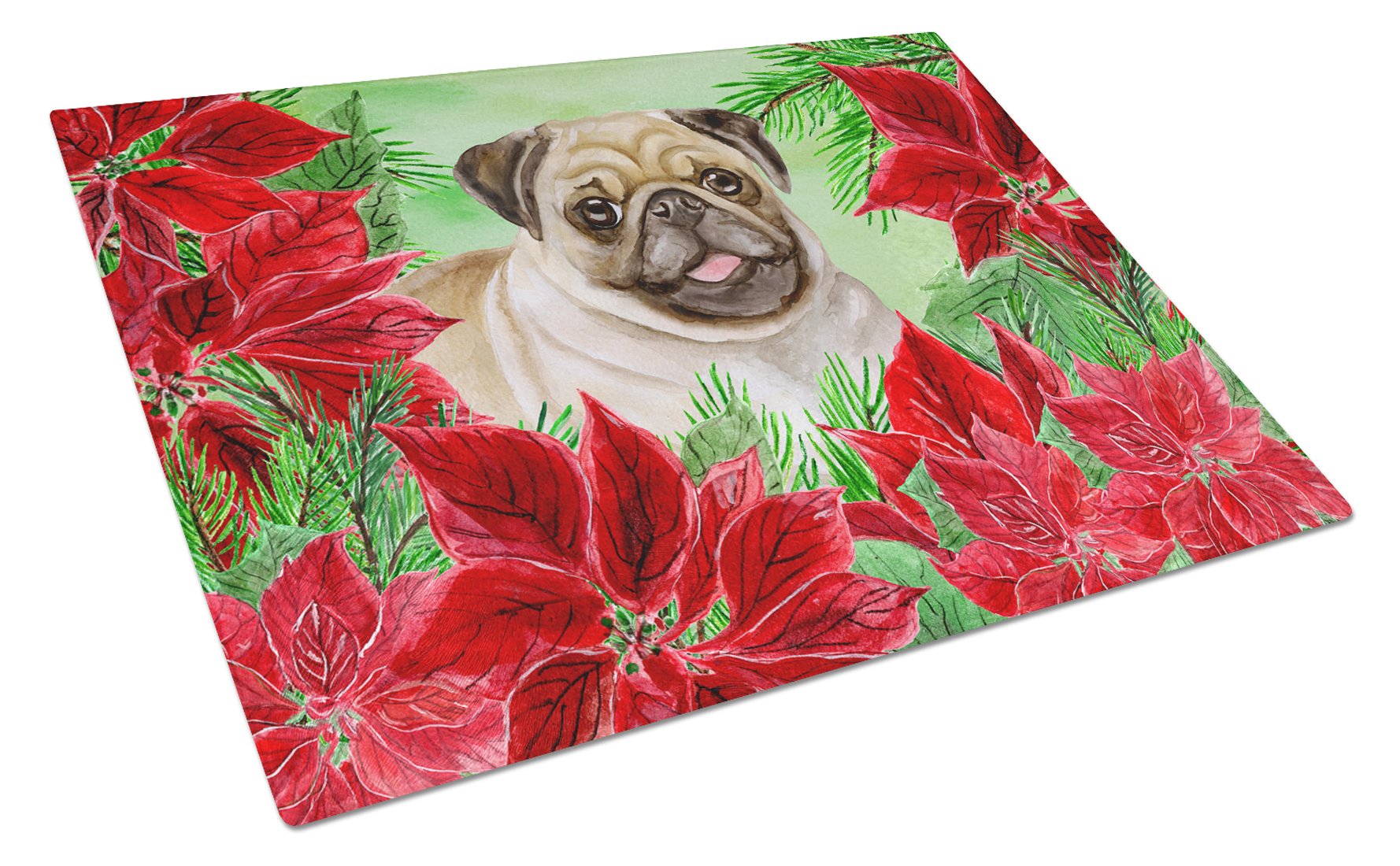 Fawn Pug Poinsettas Cutting Board Tempered Glass Kitchen Cutting Surface, Heat Resistant Chopping, Non-Slip Feet, Food Prep & Serving
