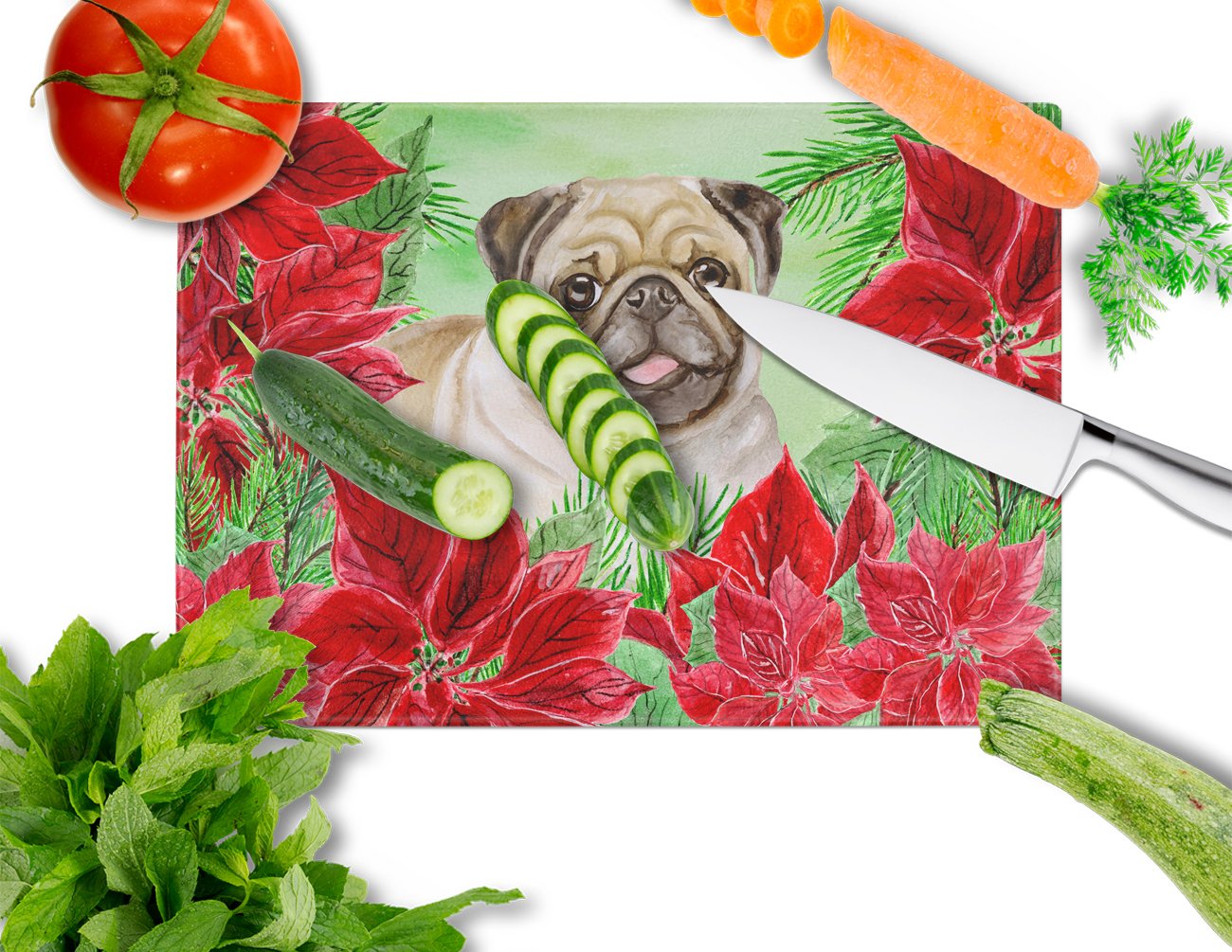 Fawn Pug Poinsettas Cutting Board Tempered Glass Kitchen Cutting Surface, Heat Resistant Chopping, Non-Slip Feet, Food Prep & Serving
