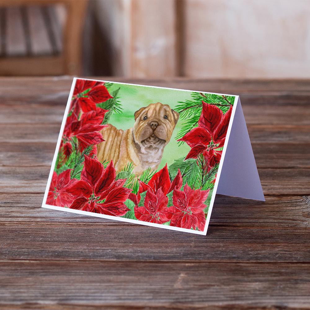 Shar Pei Puppy Poinsettas Greeting Cards Pack of 8 Blank Cards with Envelopes Whimsical A7 Size 5x7