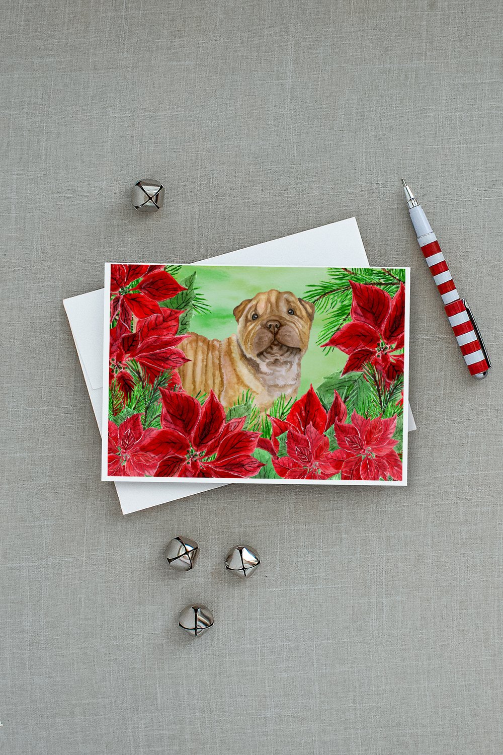 Shar Pei Puppy Poinsettas Greeting Cards Pack of 8 Blank Cards with Envelopes Whimsical A7 Size 5x7