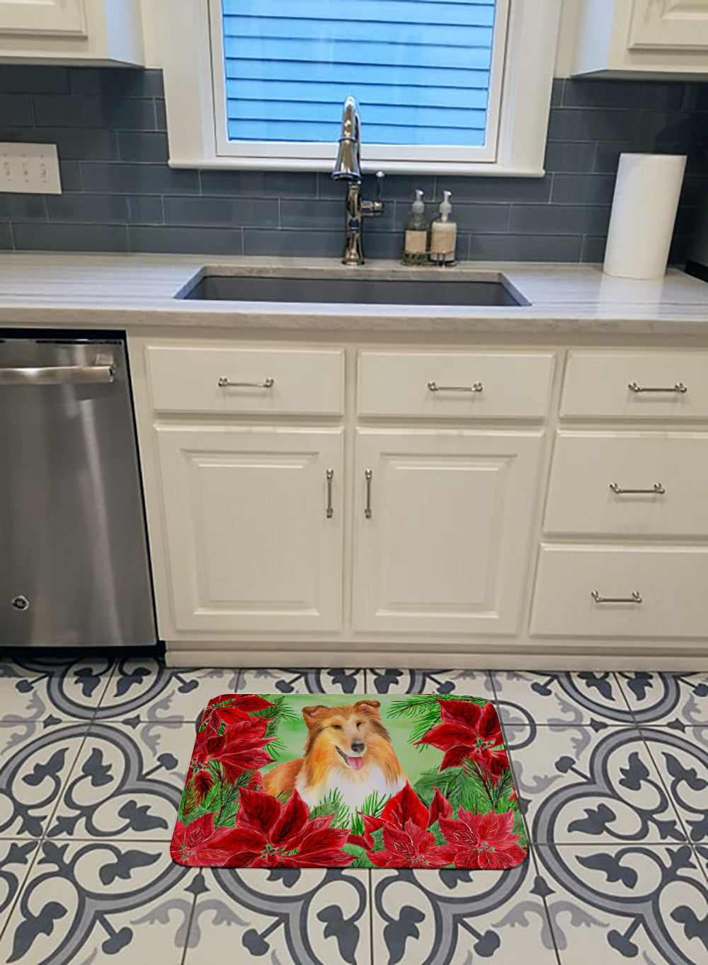 Sheltie Poinsettas Memory Foam Kitchen Mat Machine Washable Anti-Fatigue Cushion Comfort Bath or Kitchen Rug
