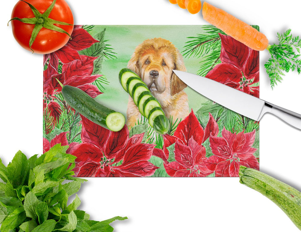 Tibetan Mastiff Poinsettas Cutting Board Tempered Glass Kitchen Cutting Surface, Heat Resistant Chopping, Non-Slip Feet, Food Prep & Serving