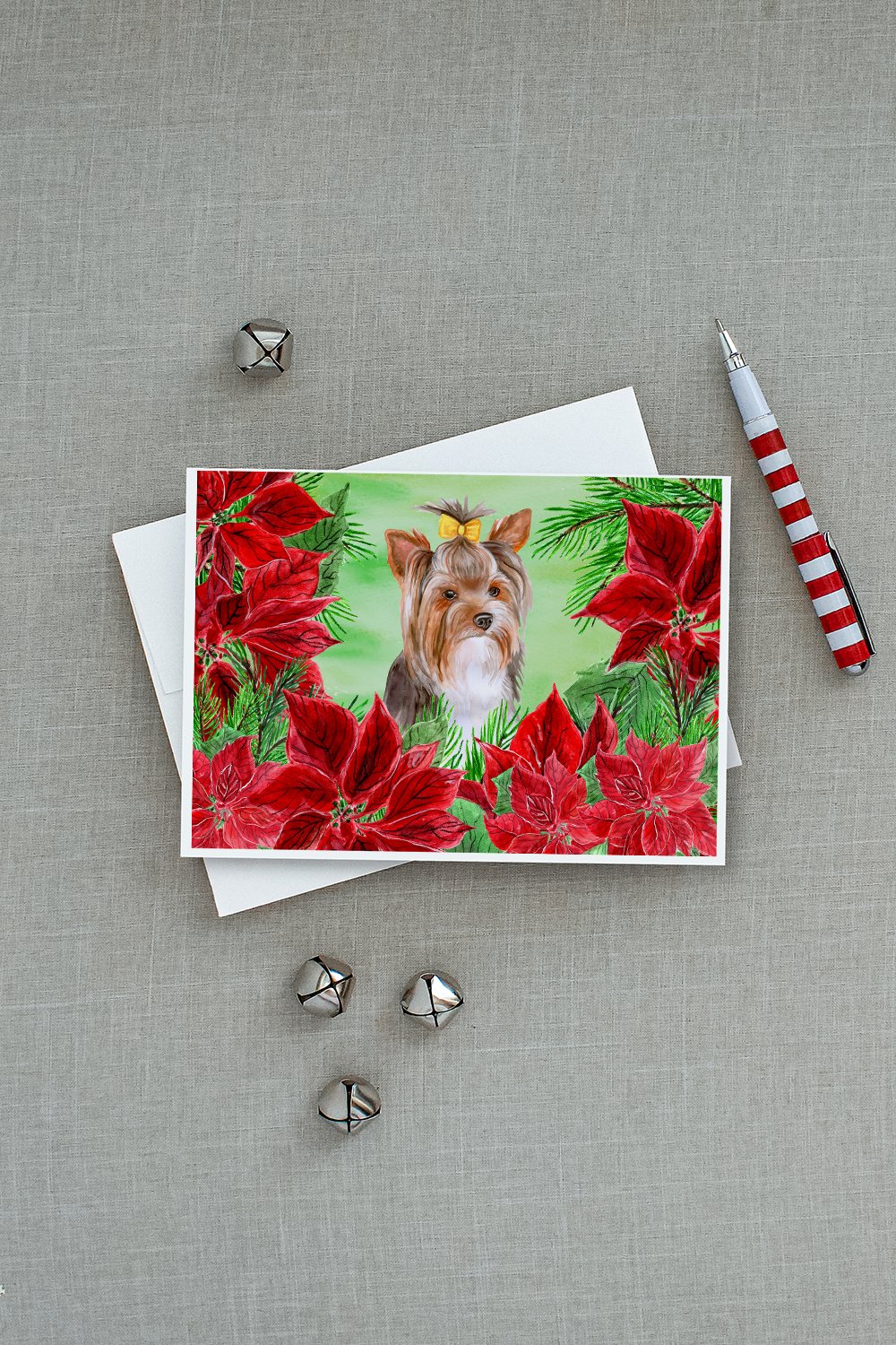 Yorkshire Terrier #2 Poinsettas Greeting Cards Pack of 8 Blank Cards with Envelopes Whimsical A7 Size 5x7