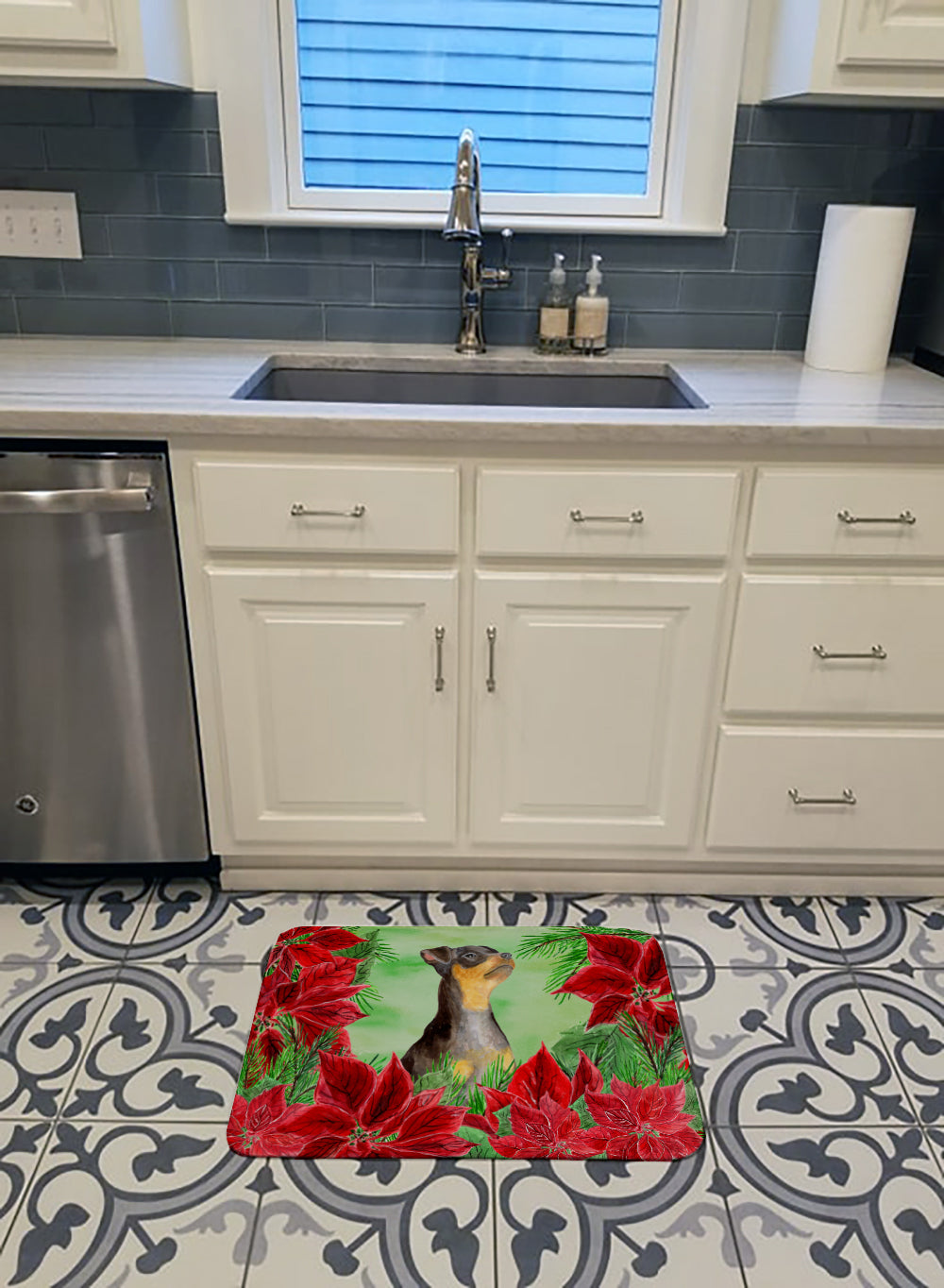 Miniature Pinscher #2 Poinsettas Memory Foam Kitchen Mat Machine Washable Anti-Fatigue Cushion Comfort Bath or Kitchen Rug