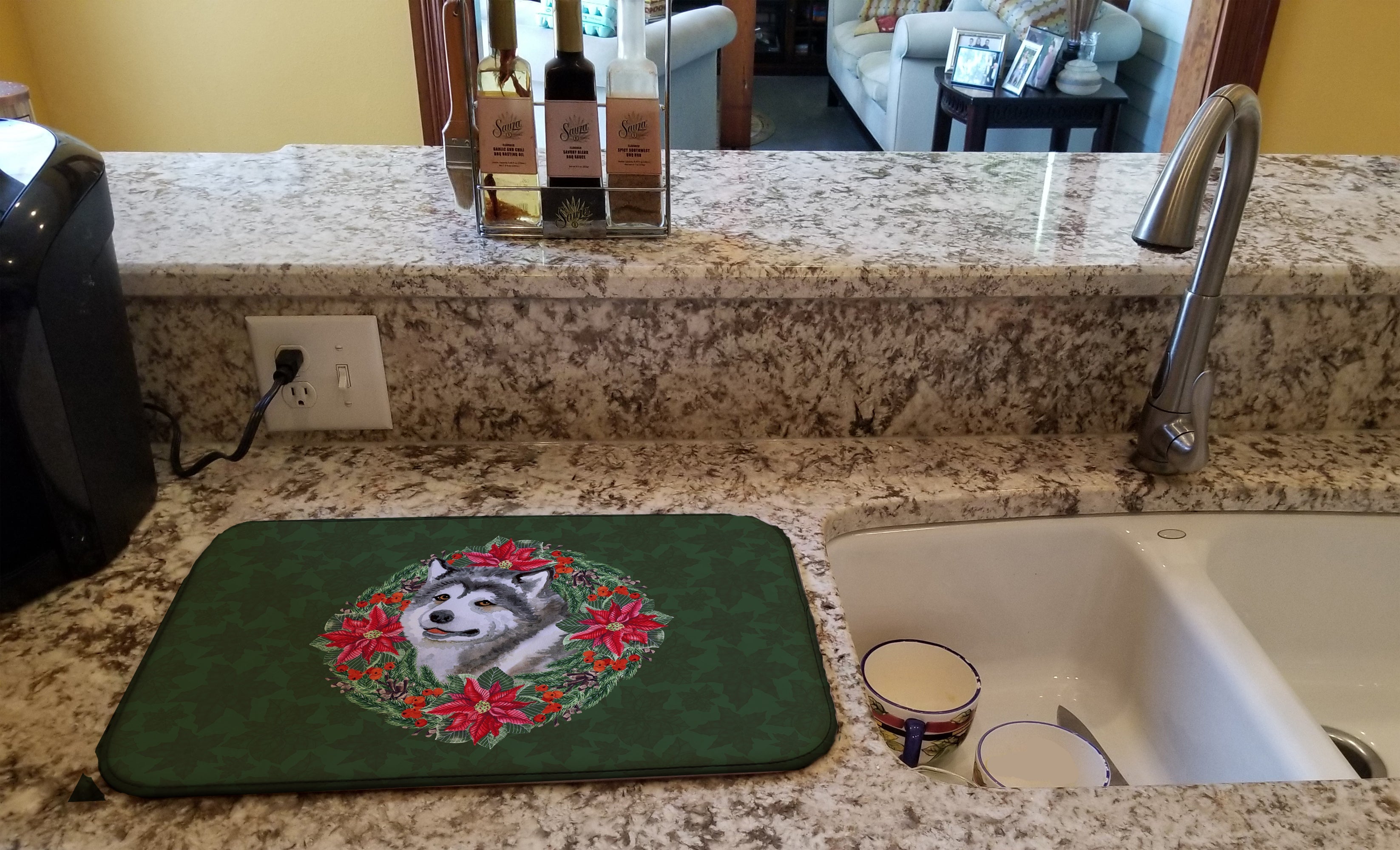 Alaskan Malamute Poinsetta Wreath Dish Drying Mat Absorbent Dish Drying Mat Pad for Kitchen Counter Dish Drainer Mat for Countertop, 14 x 21", Multicolor