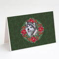 Alaskan Malamute Poinsetta Wreath Greeting Cards Pack of 8 Blank Cards with Envelopes Whimsical A7 Size 5x7