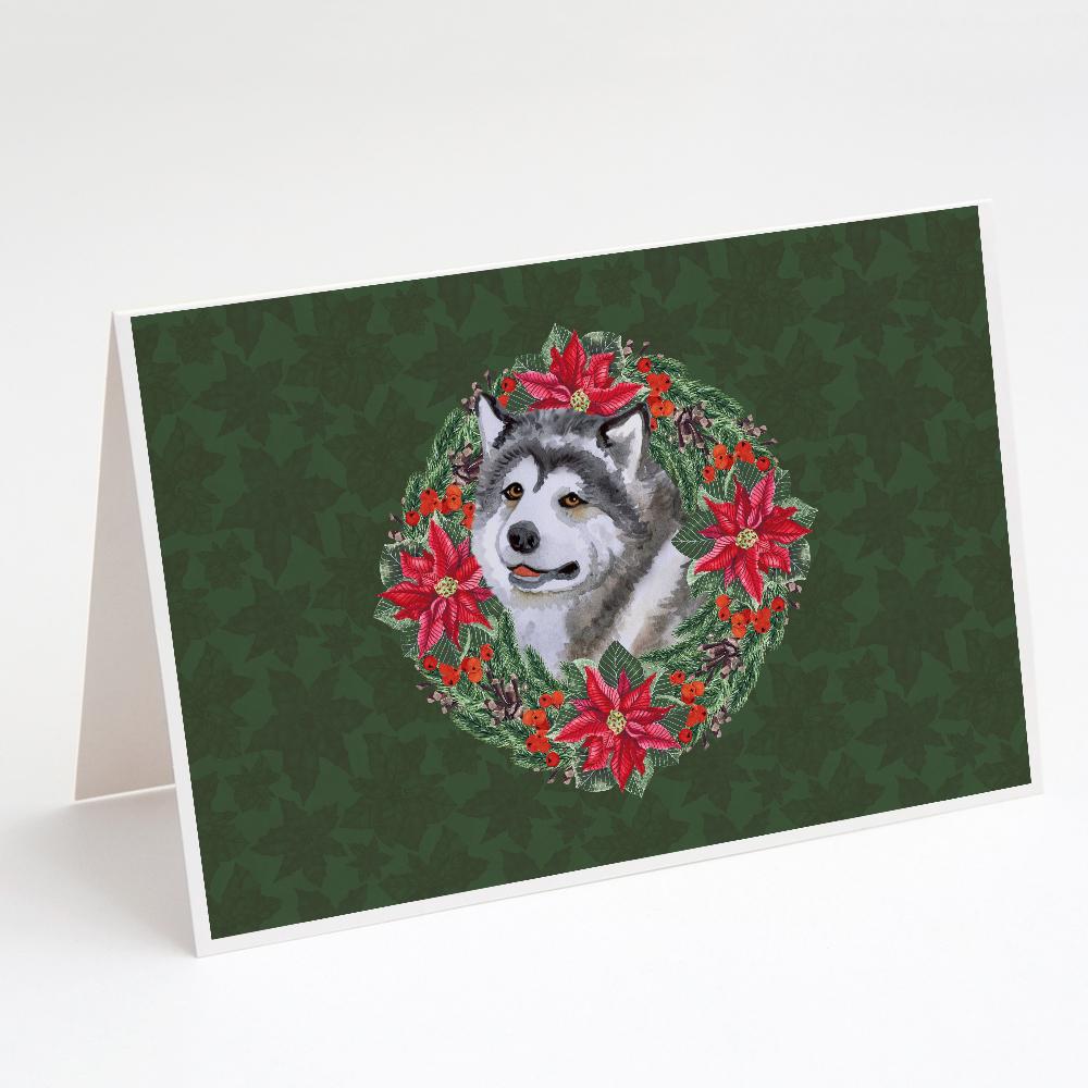 Alaskan Malamute Poinsetta Wreath Greeting Cards Pack of 8 Blank Cards with Envelopes Whimsical A7 Size 5x7