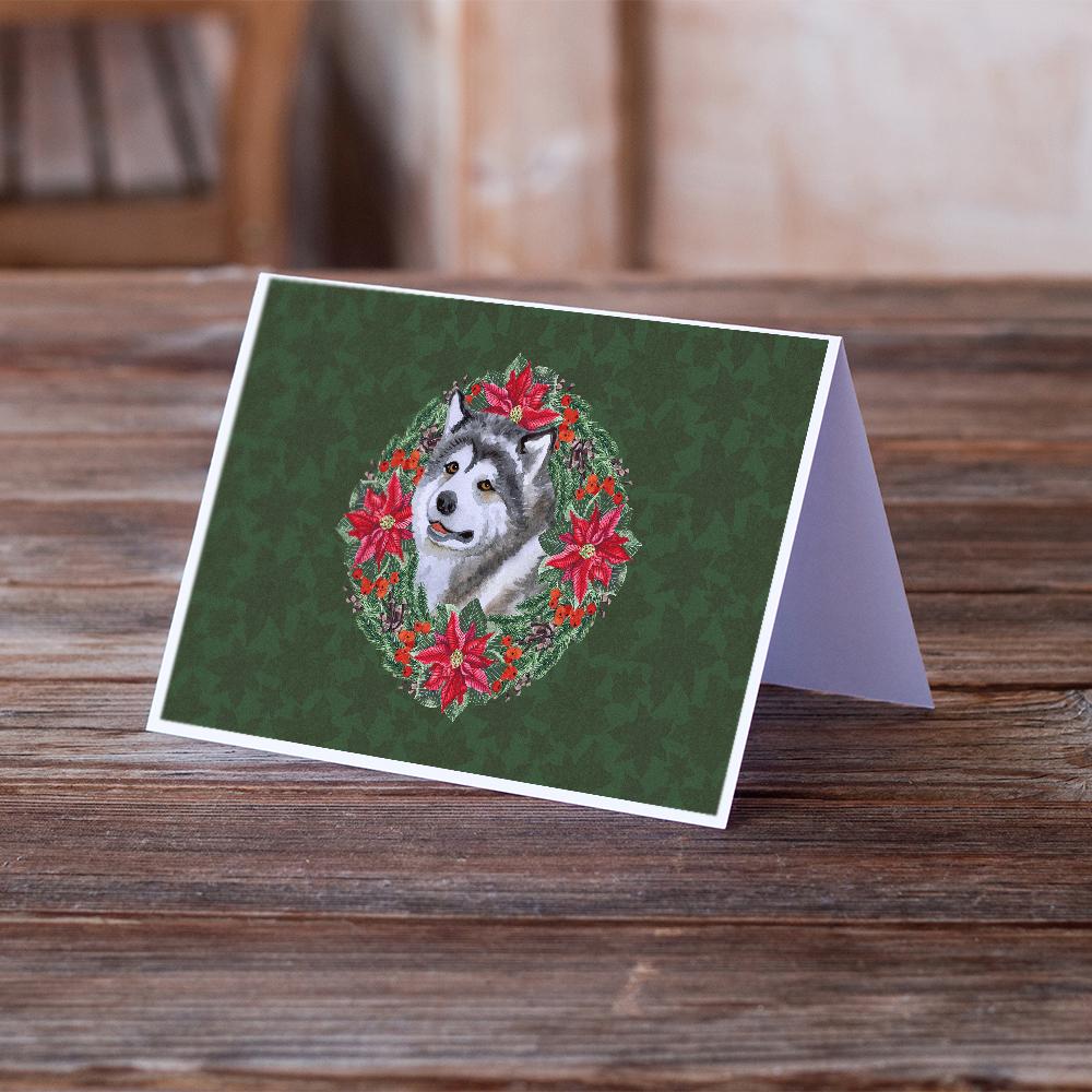 Alaskan Malamute Poinsetta Wreath Greeting Cards Pack of 8 Blank Cards with Envelopes Whimsical A7 Size 5x7