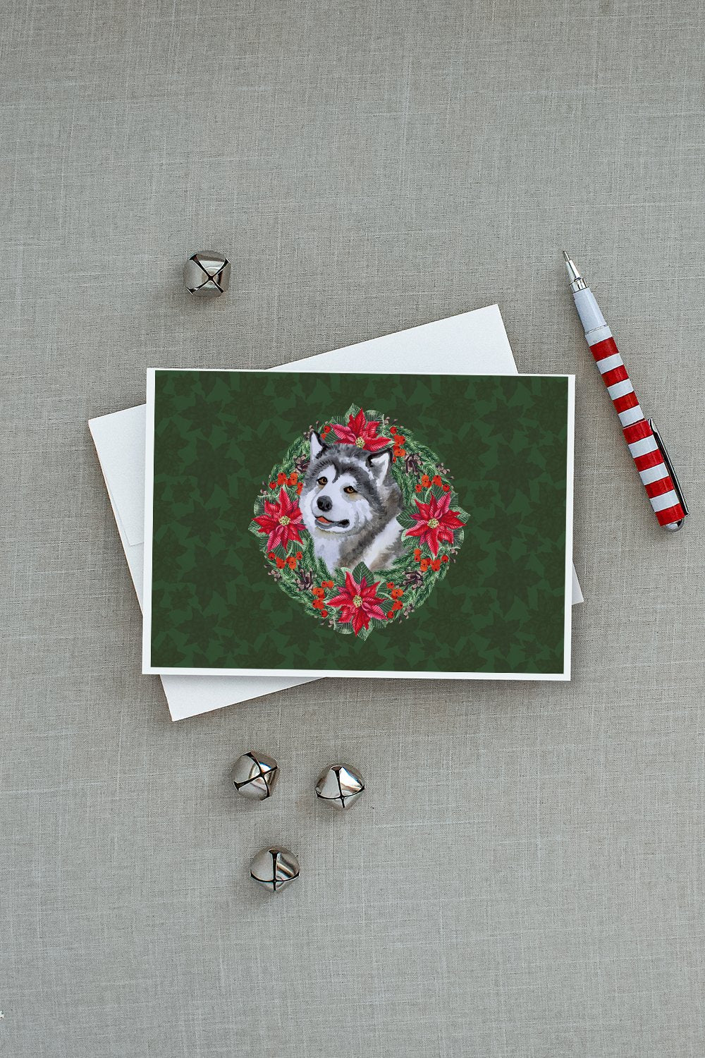 Alaskan Malamute Poinsetta Wreath Greeting Cards Pack of 8 Blank Cards with Envelopes Whimsical A7 Size 5x7