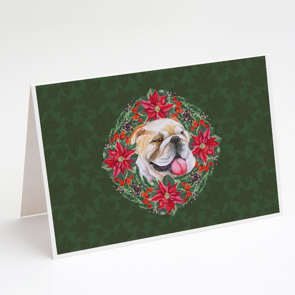 English Bulldog Poinsetta Wreath Greeting Cards Pack of 8 Blank Cards with Envelopes Whimsical A7 Size 5x7