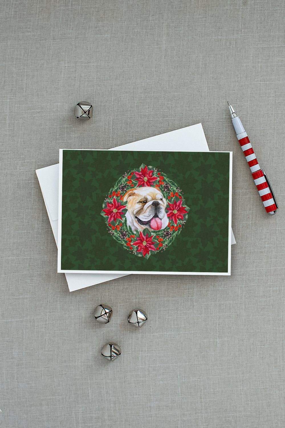 English Bulldog Poinsetta Wreath Greeting Cards Pack of 8 Blank Cards with Envelopes Whimsical A7 Size 5x7