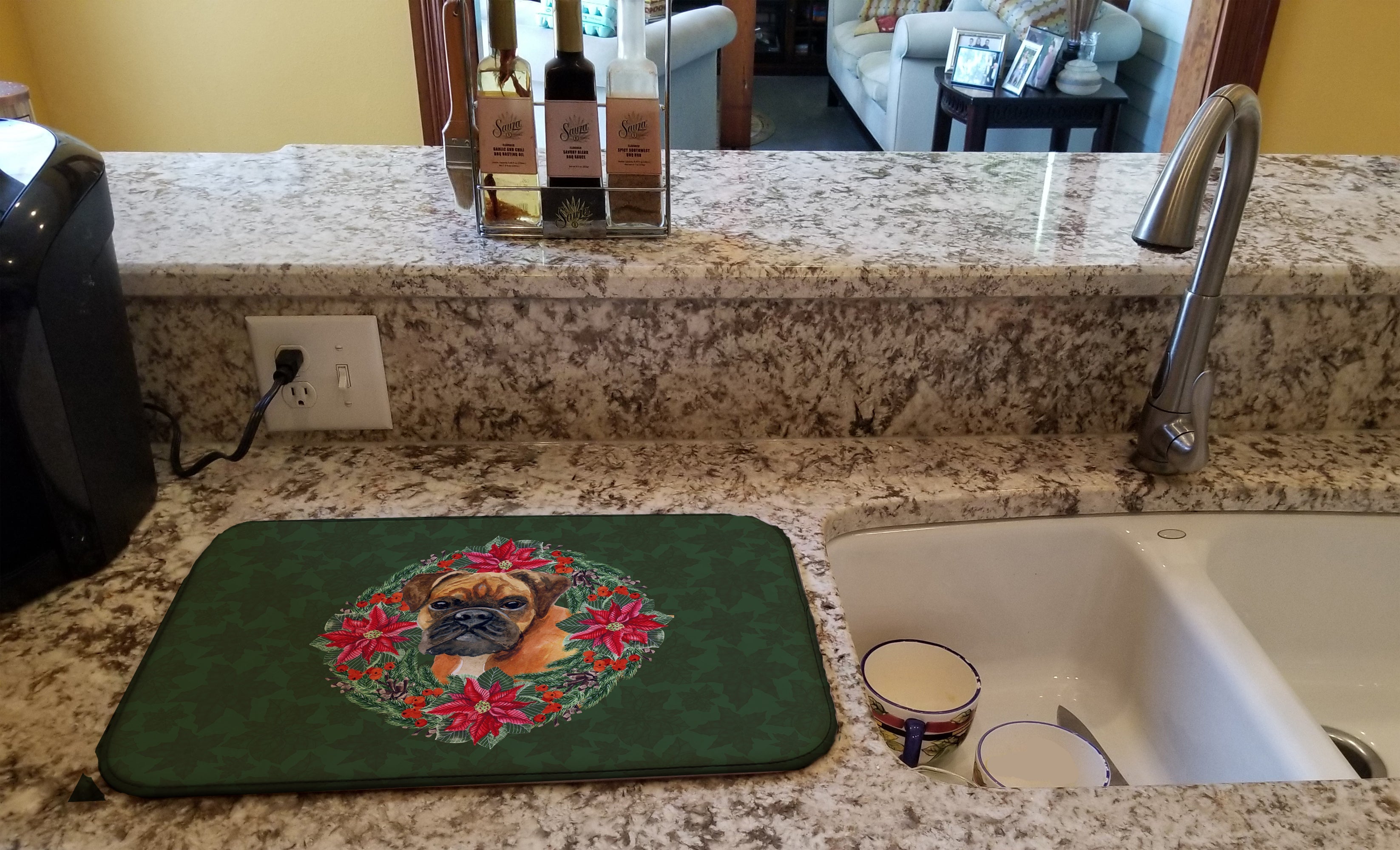 German Boxer Poinsetta Wreath Dish Drying Mat Absorbent Dish Drying Mat Pad for Kitchen Counter Dish Drainer Mat for Countertop, 14 x 21", Multicolor