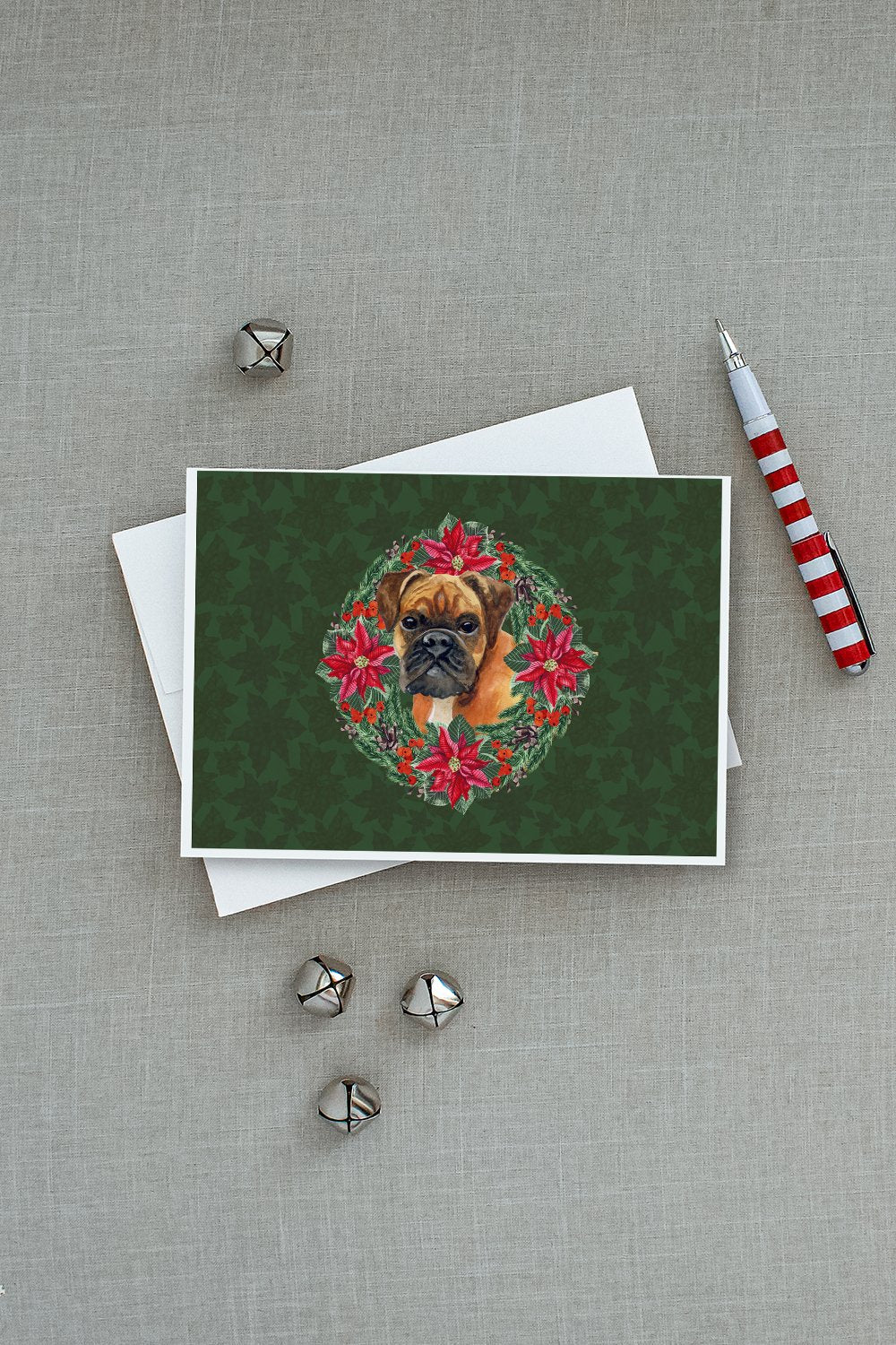 German Boxer Poinsetta Wreath Greeting Cards Pack of 8 Blank Cards with Envelopes Whimsical A7 Size 5x7