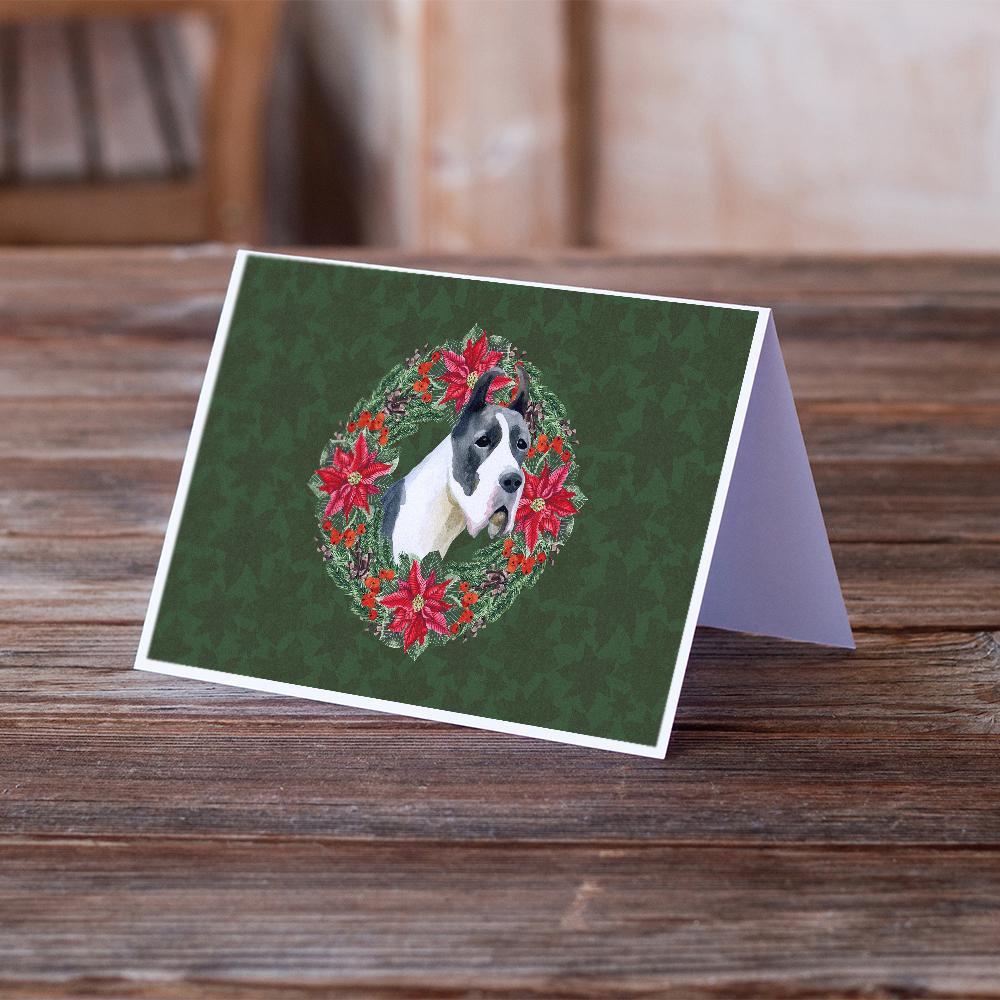 Harlequin Great Dane Poinsetta Wreath Greeting Cards Pack of 8 Blank Cards with Envelopes Whimsical A7 Size 5x7