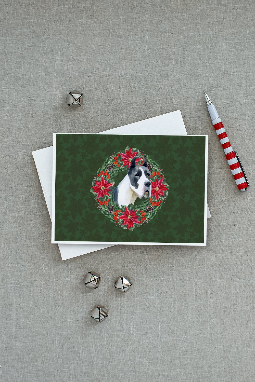 Harlequin Great Dane Poinsetta Wreath Greeting Cards Pack of 8 Blank Cards with Envelopes Whimsical A7 Size 5x7