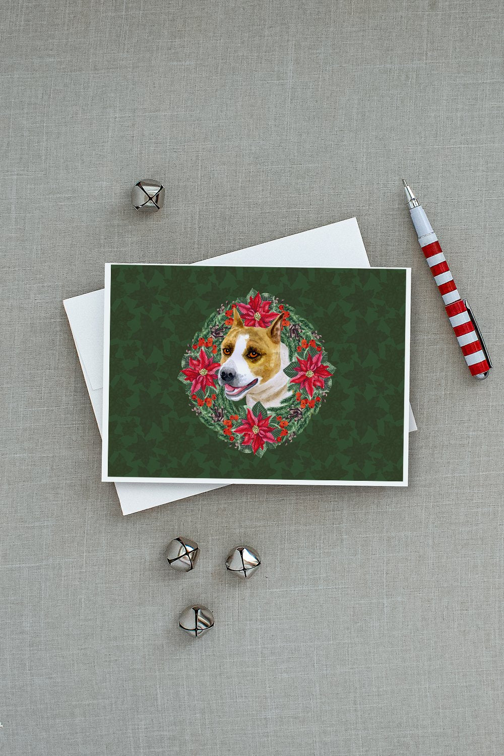 American Staffordshire Poinsetta Wreath Greeting Cards Pack of 8 Blank Cards with Envelopes Whimsical A7 Size 5x7