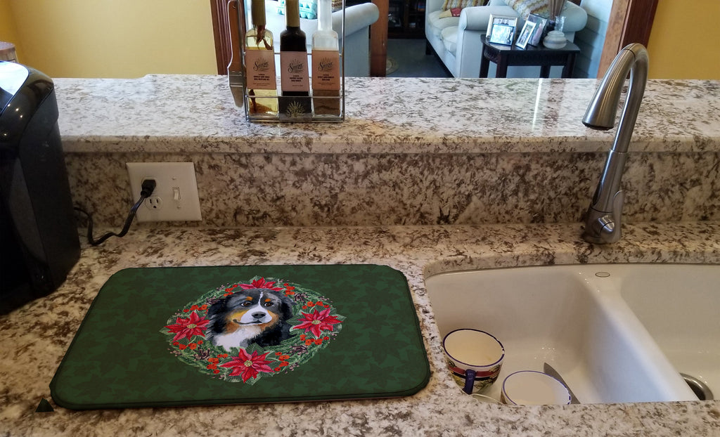 Bernese Mountain Dog Poinsetta Wreath Dish Drying Mat Absorbent Dish Drying Mat Pad for Kitchen Counter Dish Drainer Mat for Countertop, 14 x 21", Multicolor