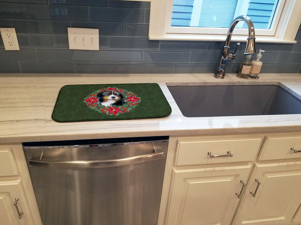 Bernese Mountain Dog Poinsetta Wreath Dish Drying Mat Absorbent Dish Drying Mat Pad for Kitchen Counter Dish Drainer Mat for Countertop, 14 x 21", Multicolor
