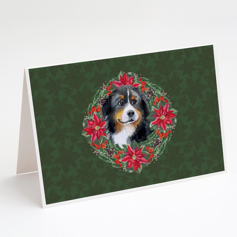 Bernese Mountain Dog Poinsetta Wreath Greeting Cards Pack of 8 Blank Cards with Envelopes Whimsical A7 Size 5x7