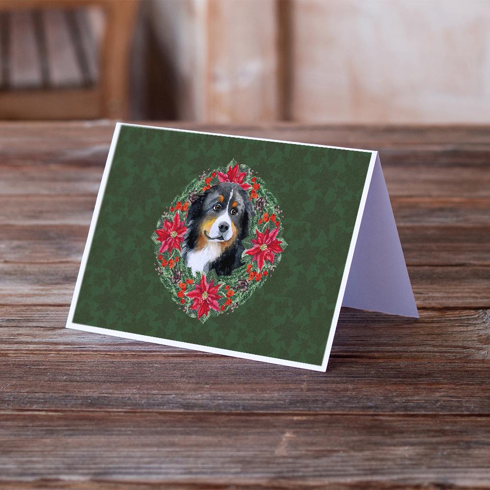 Bernese Mountain Dog Poinsetta Wreath Greeting Cards Pack of 8 Blank Cards with Envelopes Whimsical A7 Size 5x7