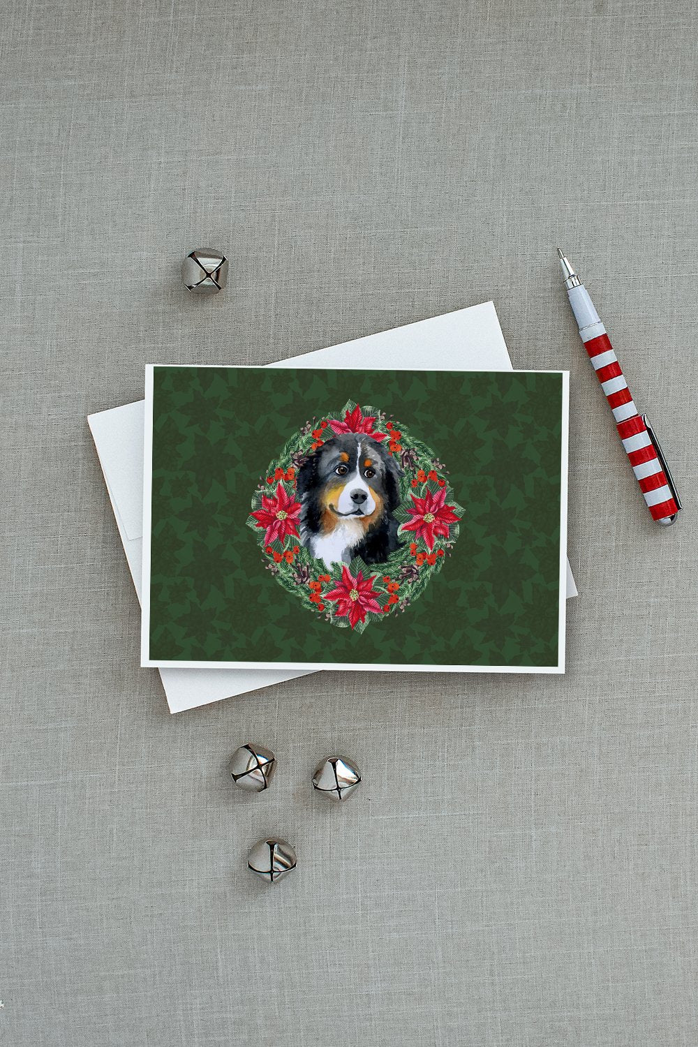 Bernese Mountain Dog Poinsetta Wreath Greeting Cards Pack of 8 Blank Cards with Envelopes Whimsical A7 Size 5x7