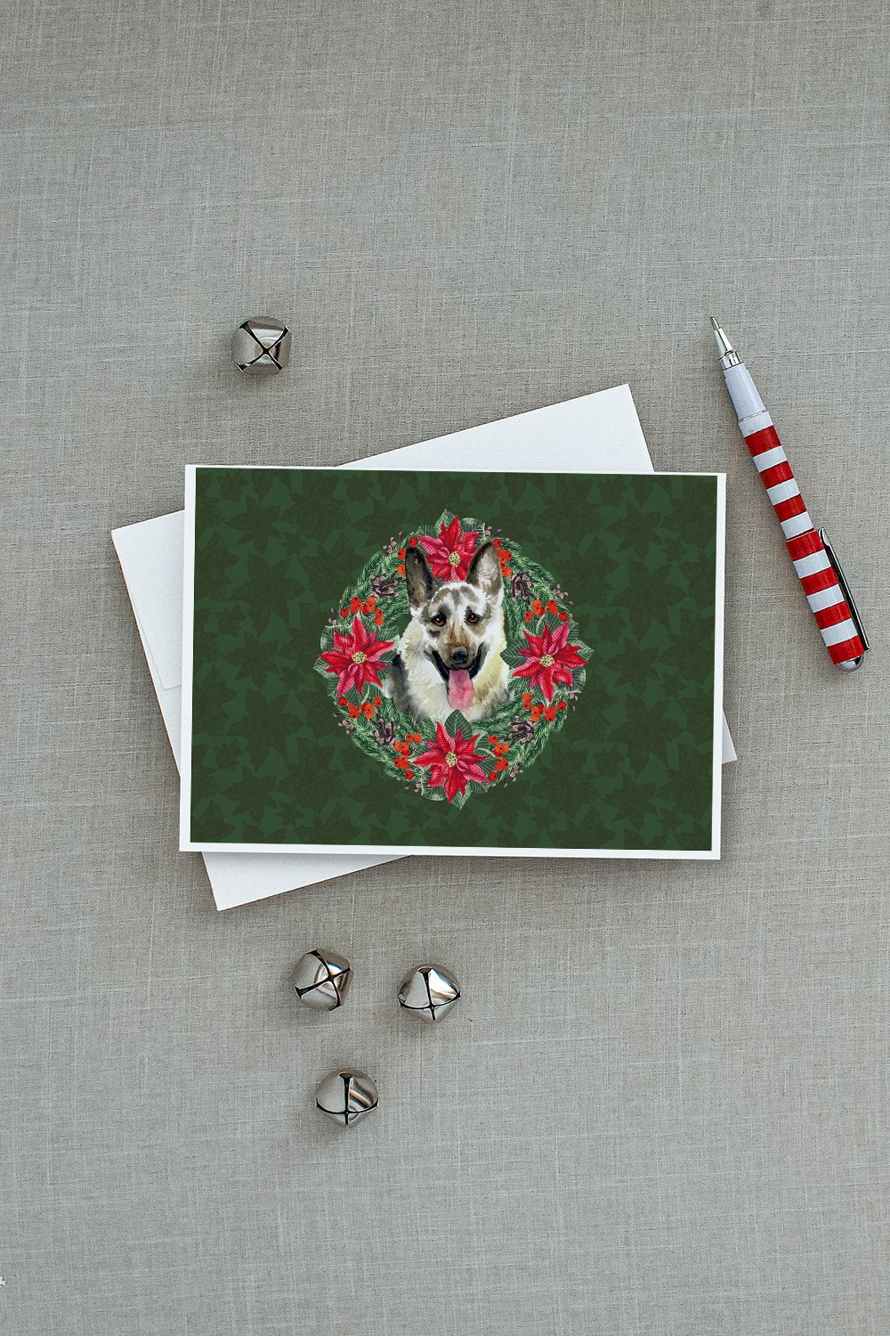 East-European Shepherd Poinsetta Wreath Greeting Cards Pack of 8 Blank Cards with Envelopes Whimsical A7 Size 5x7