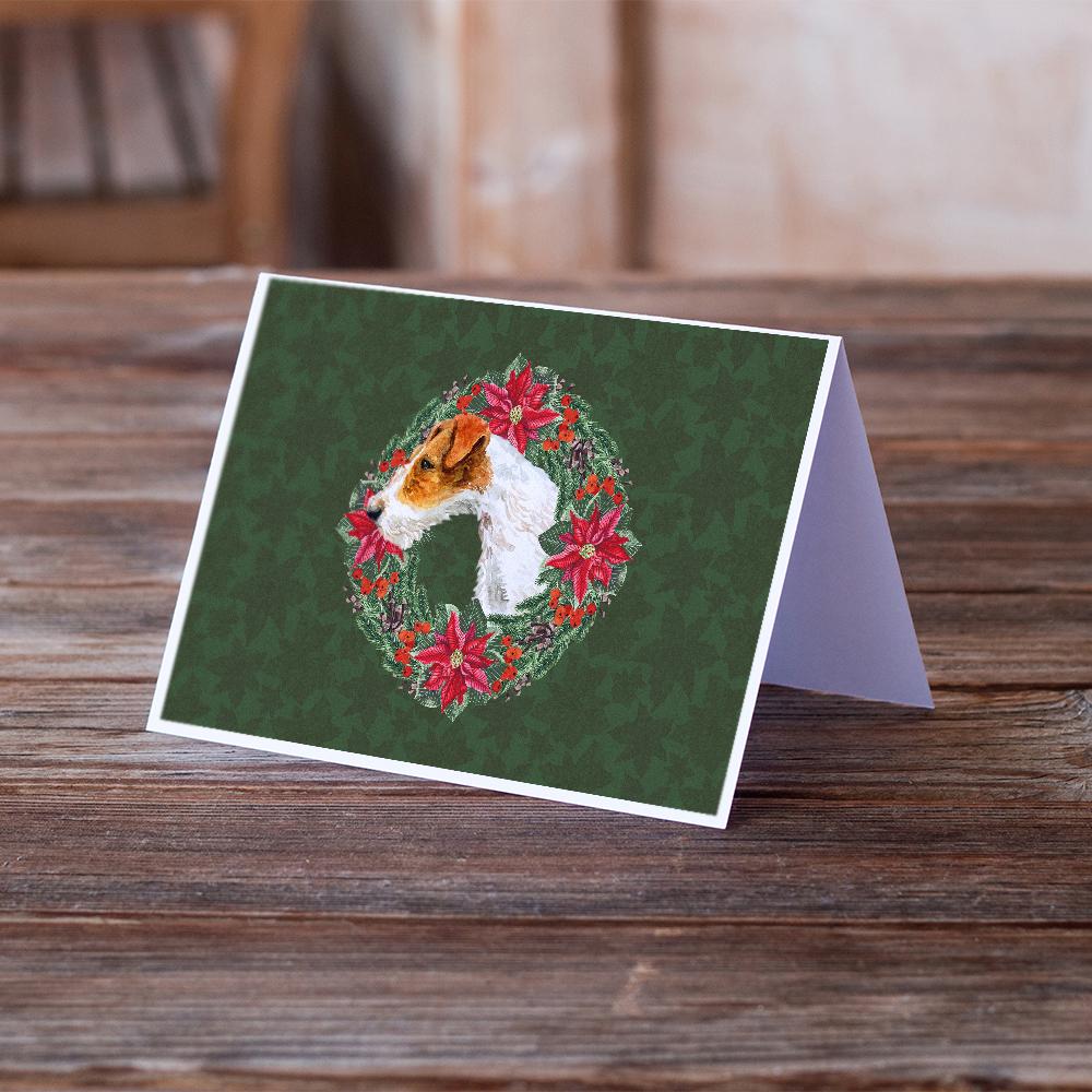 Fox Terrier Poinsetta Wreath Greeting Cards Pack of 8 Blank Cards with Envelopes Whimsical A7 Size 5x7