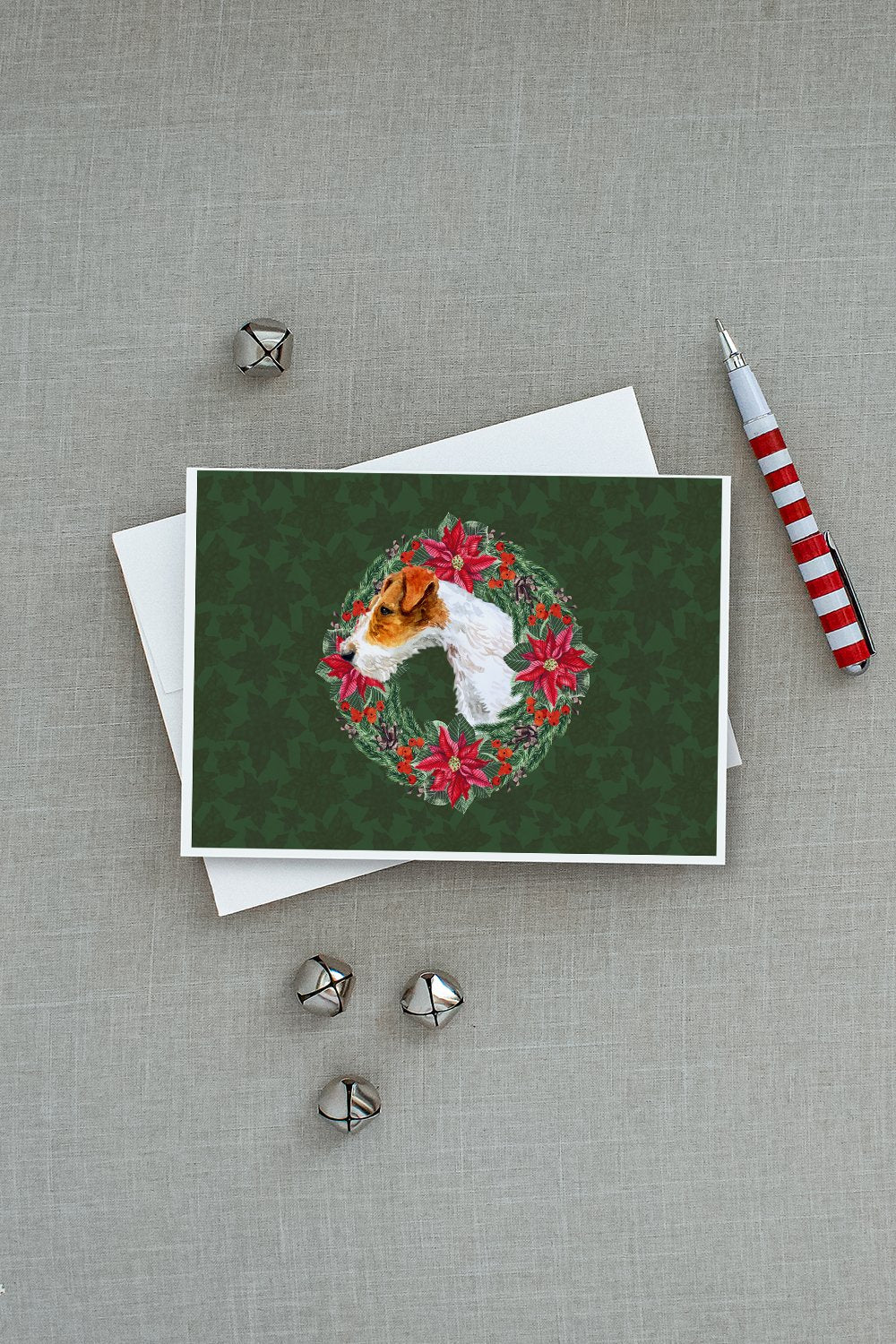 Fox Terrier Poinsetta Wreath Greeting Cards Pack of 8 Blank Cards with Envelopes Whimsical A7 Size 5x7
