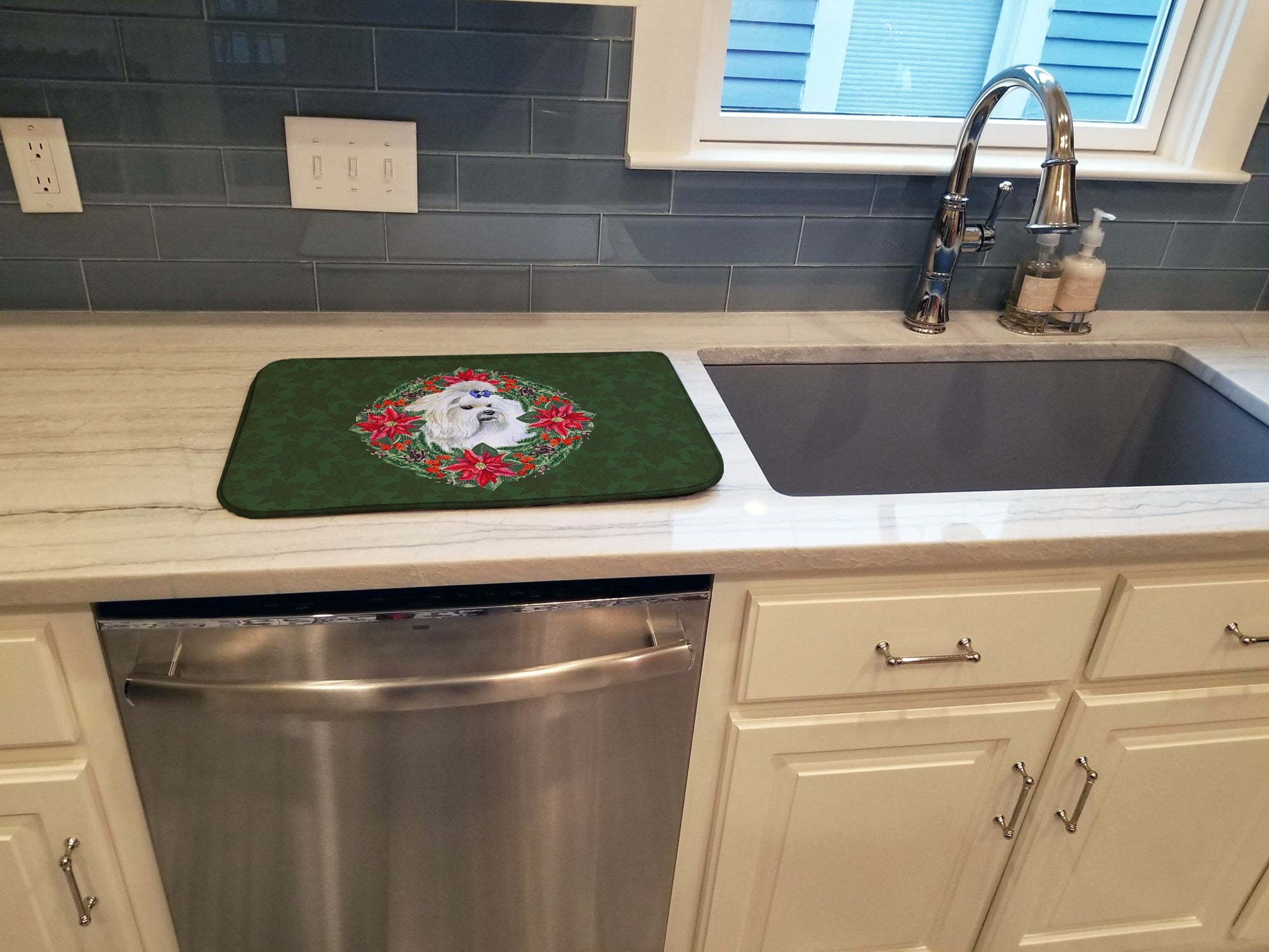 Maltese Poinsetta Wreath Dish Drying Mat Absorbent Dish Drying Mat Pad for Kitchen Counter Dish Drainer Mat for Countertop, 14 x 21", Multicolor