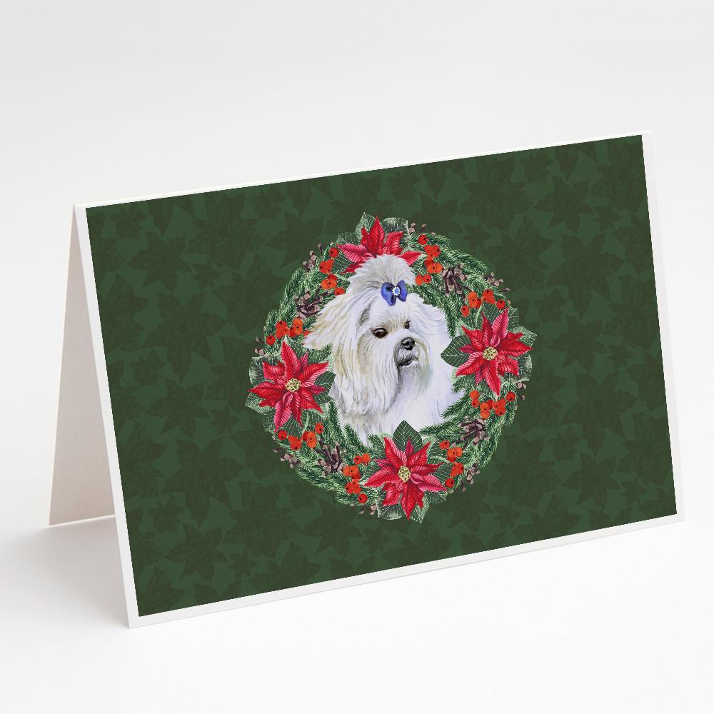 Maltese Poinsetta Wreath Greeting Cards Pack of 8 Blank Cards with Envelopes Whimsical A7 Size 5x7