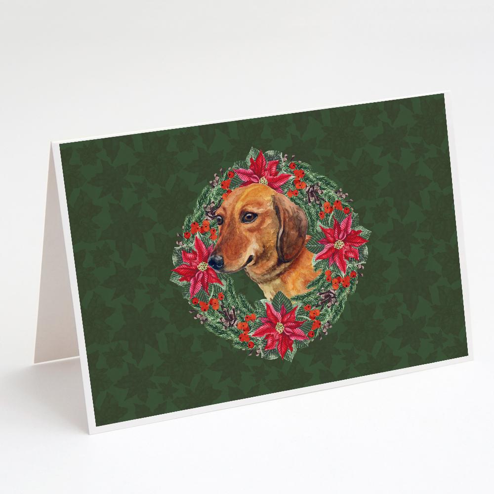 Dachshund Poinsetta Wreath Greeting Cards Pack of 8 Blank Cards with Envelopes Whimsical A7 Size 5x7
