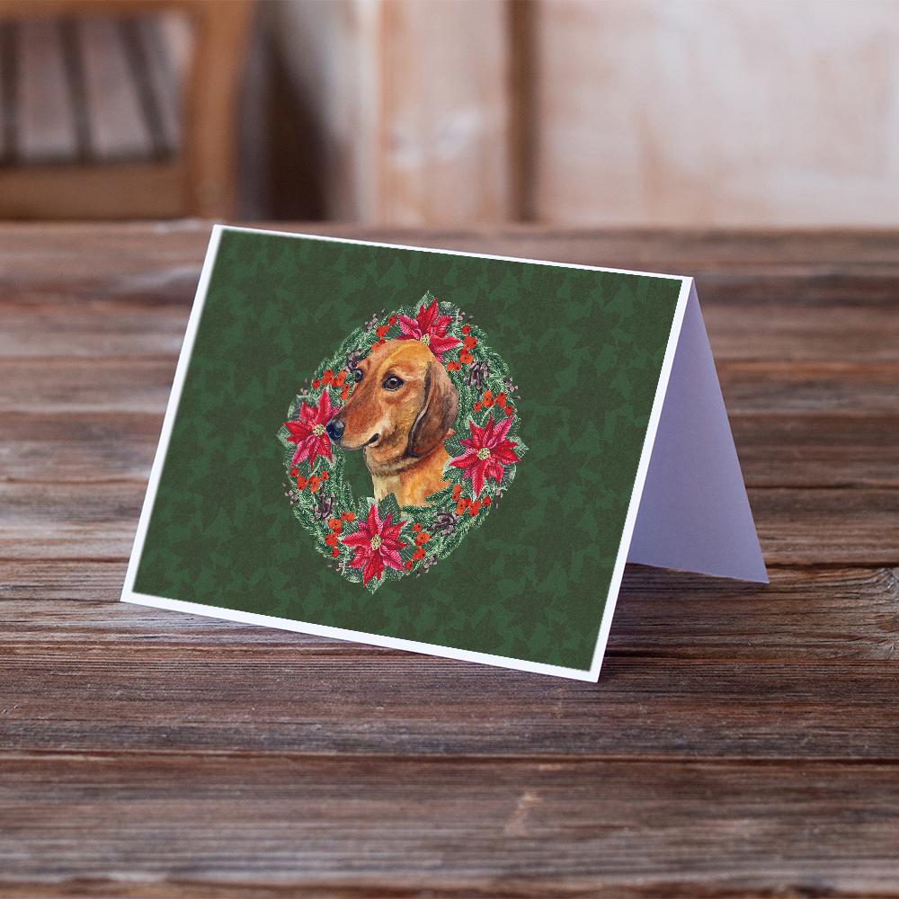 Dachshund Poinsetta Wreath Greeting Cards Pack of 8 Blank Cards with Envelopes Whimsical A7 Size 5x7