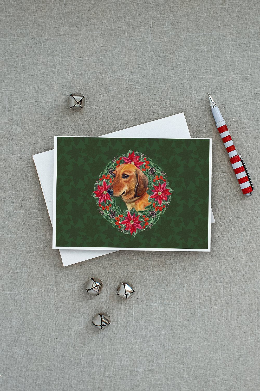 Dachshund Poinsetta Wreath Greeting Cards Pack of 8 Blank Cards with Envelopes Whimsical A7 Size 5x7
