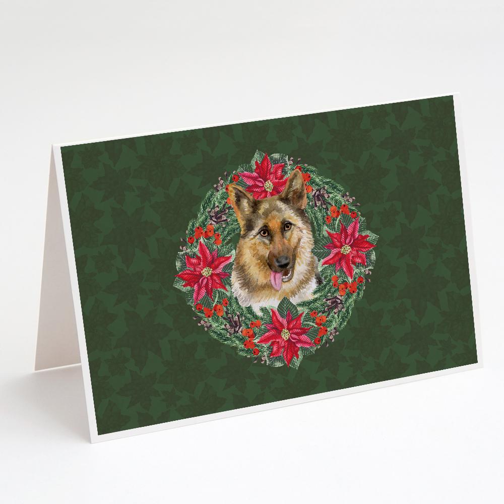 German Shepherd Poinsetta Wreath Greeting Cards Pack of 8 Blank Cards with Envelopes Whimsical A7 Size 5x7