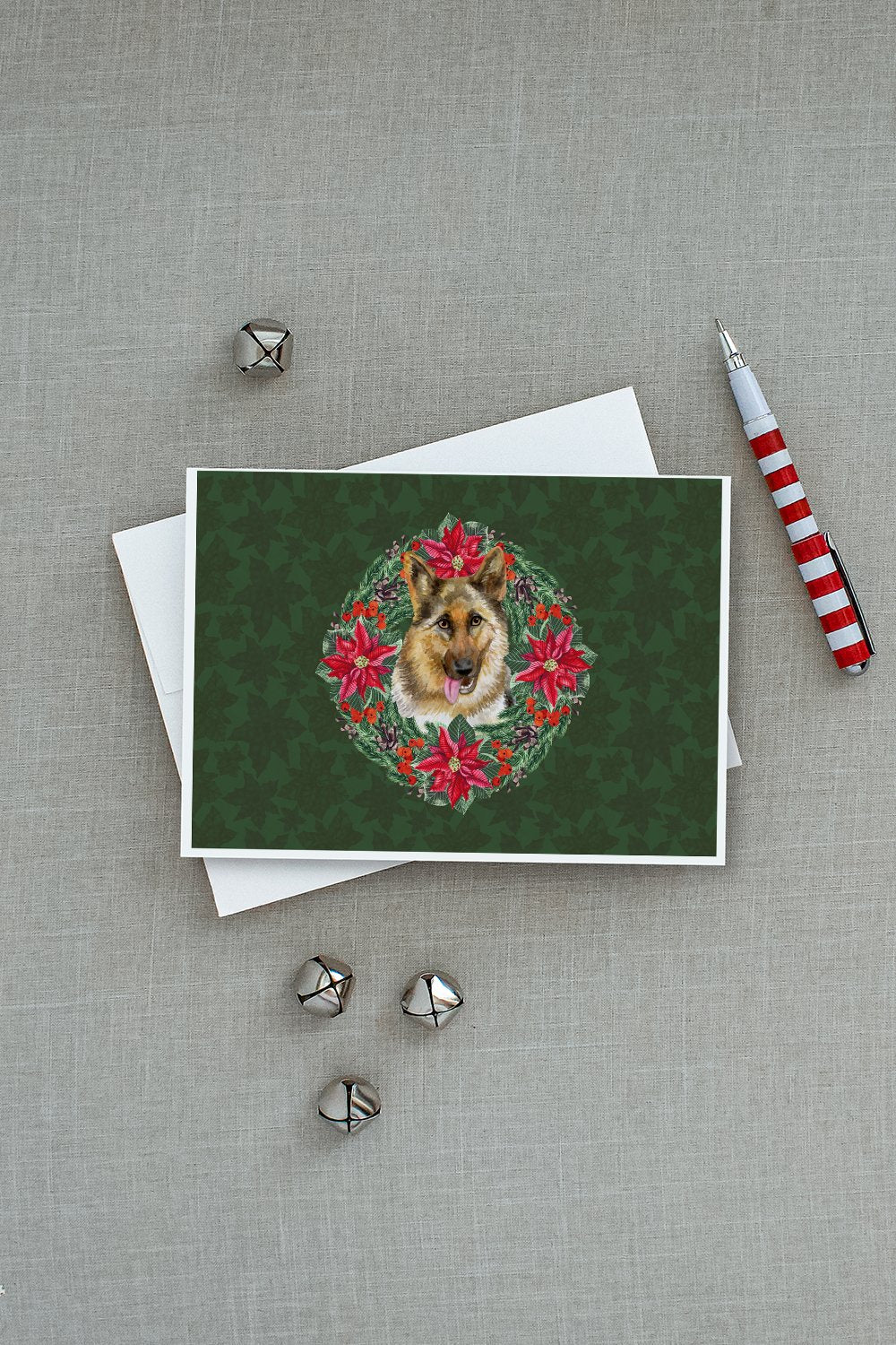 German Shepherd Poinsetta Wreath Greeting Cards Pack of 8 Blank Cards with Envelopes Whimsical A7 Size 5x7