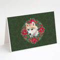 Siberian Husky Poinsetta Wreath Greeting Cards Pack of 8 Blank Cards with Envelopes Whimsical A7 Size 5x7