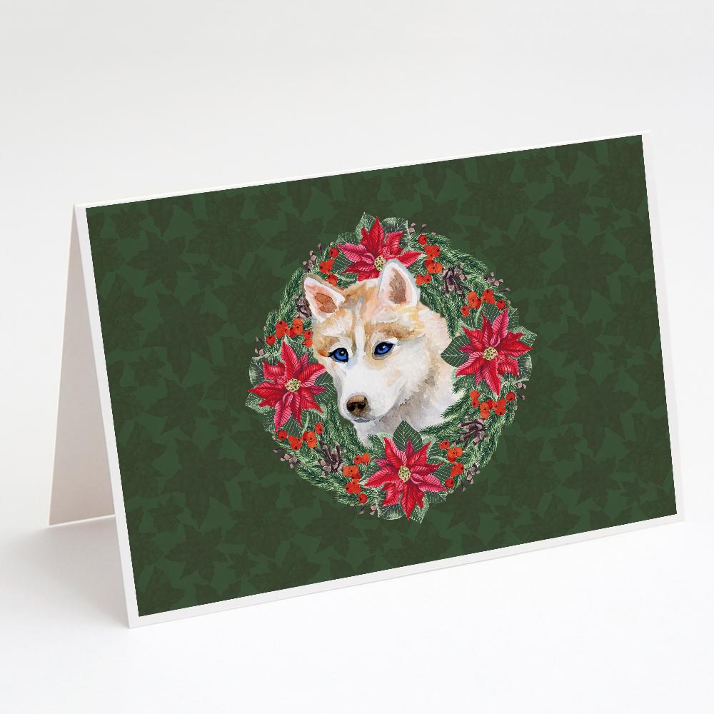 Siberian Husky Poinsetta Wreath Greeting Cards Pack of 8 Blank Cards with Envelopes Whimsical A7 Size 5x7