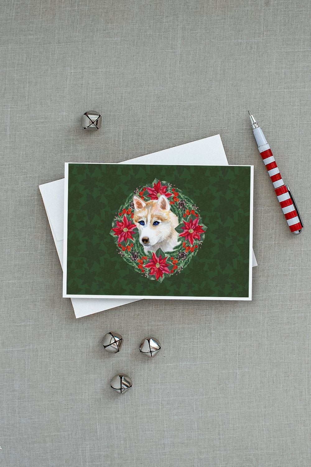 Siberian Husky Poinsetta Wreath Greeting Cards Pack of 8 Blank Cards with Envelopes Whimsical A7 Size 5x7