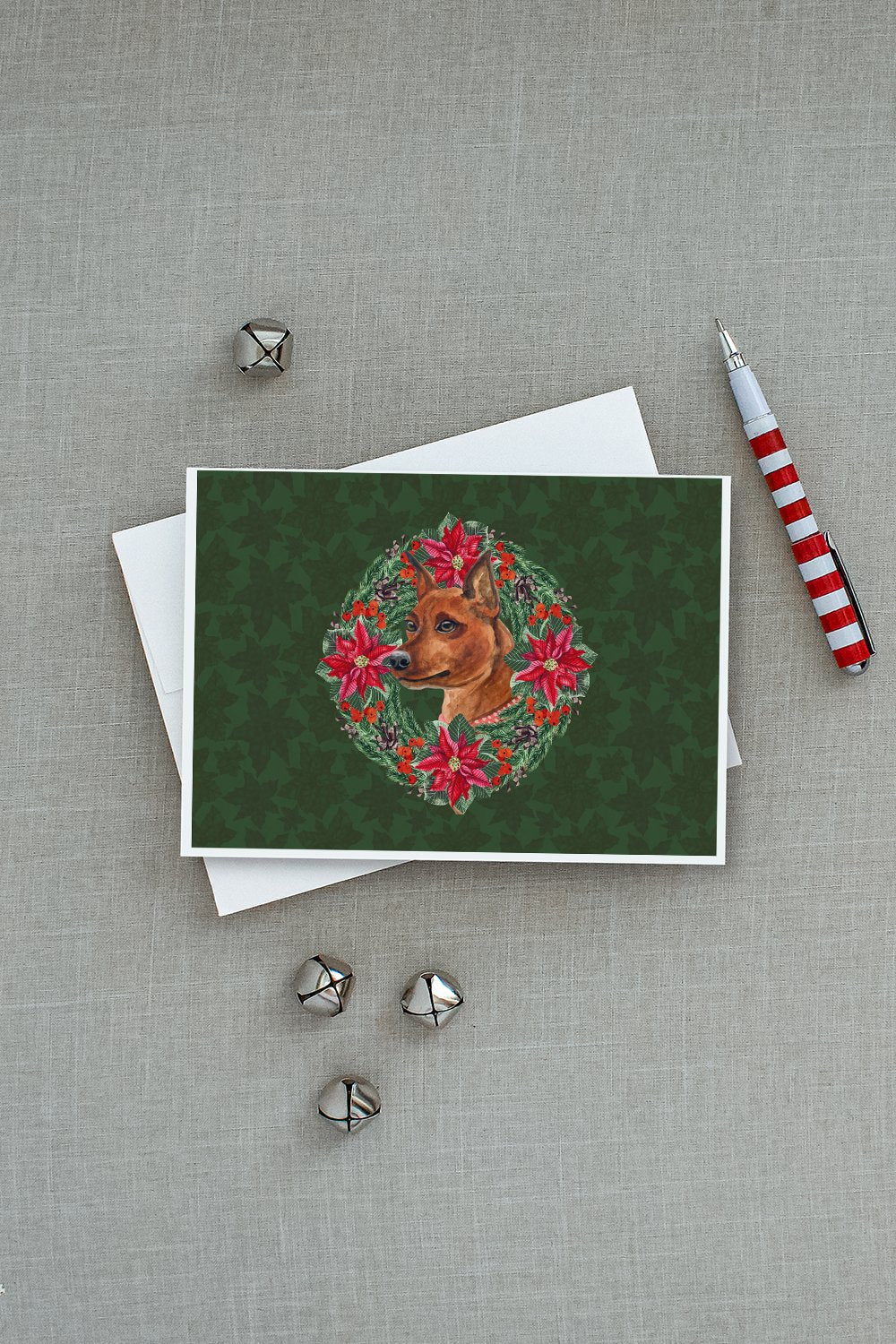 Miniature Pinscher Poinsetta Wreath Greeting Cards Pack of 8 Blank Cards with Envelopes Whimsical A7 Size 5x7