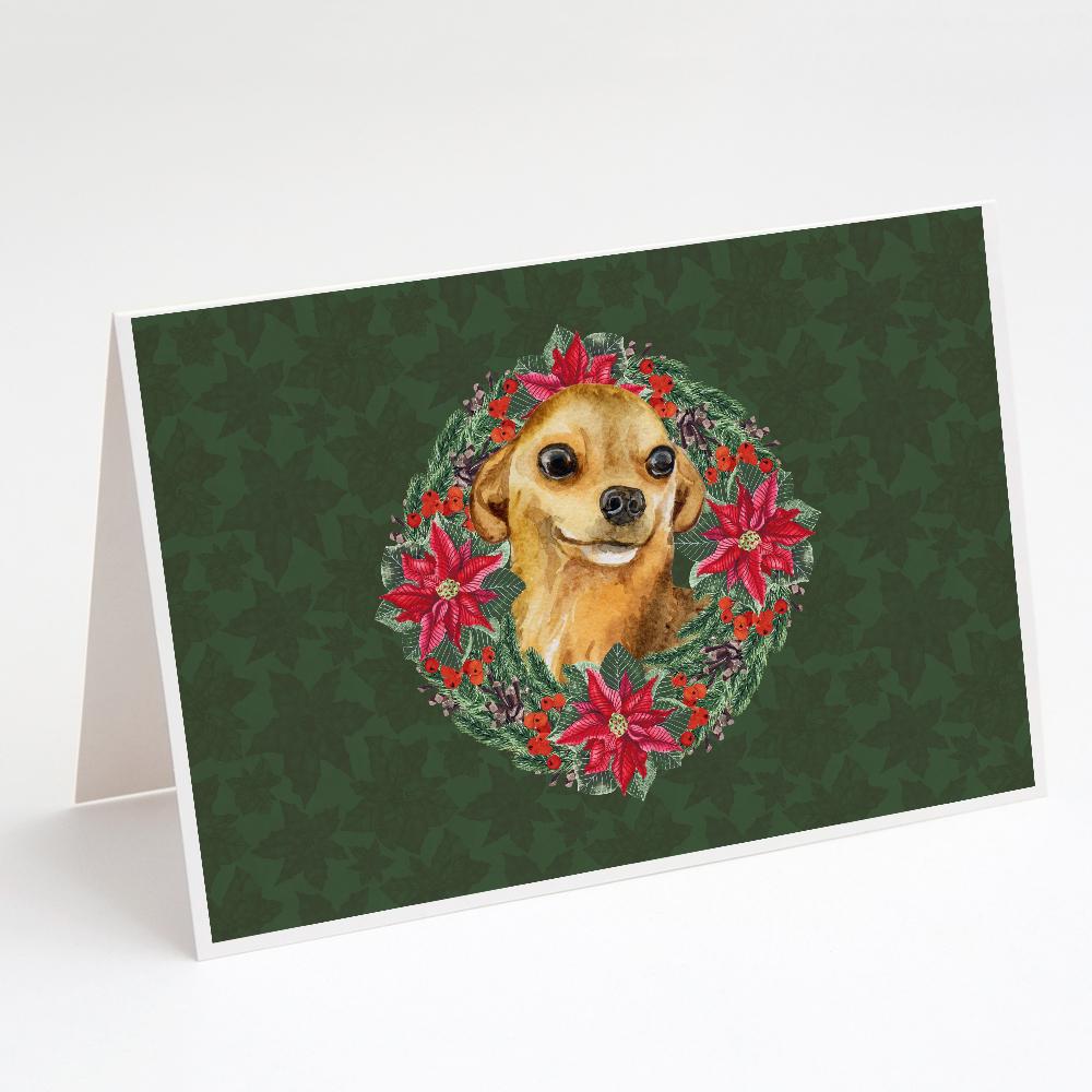 Chihuahua Poinsetta Wreath Greeting Cards Pack of 8 Blank Cards with Envelopes Whimsical A7 Size 5x7