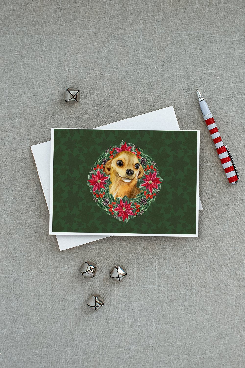 Chihuahua Poinsetta Wreath Greeting Cards Pack of 8 Blank Cards with Envelopes Whimsical A7 Size 5x7