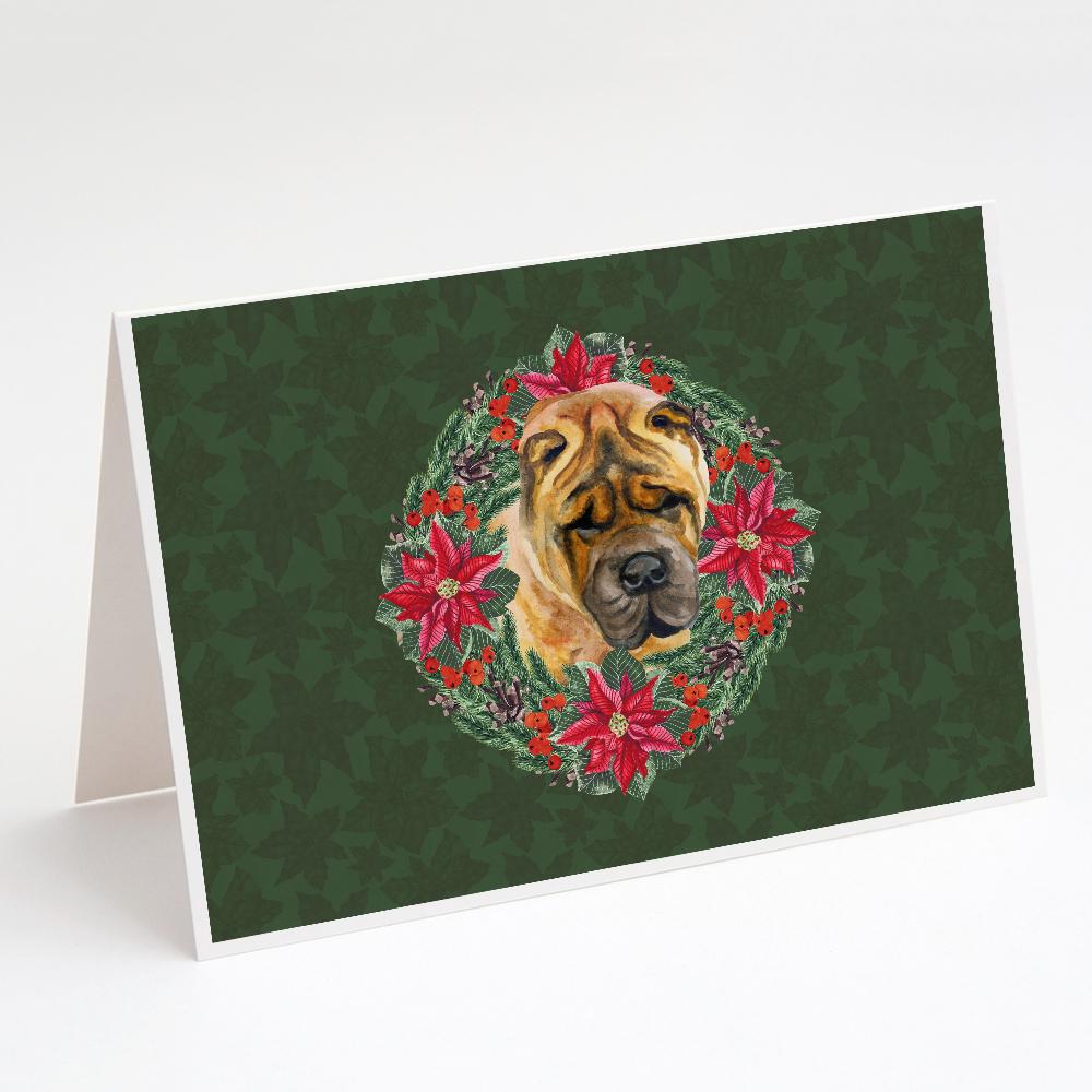 Shar Pei Poinsetta Wreath Greeting Cards Pack of 8 Blank Cards with Envelopes Whimsical A7 Size 5x7
